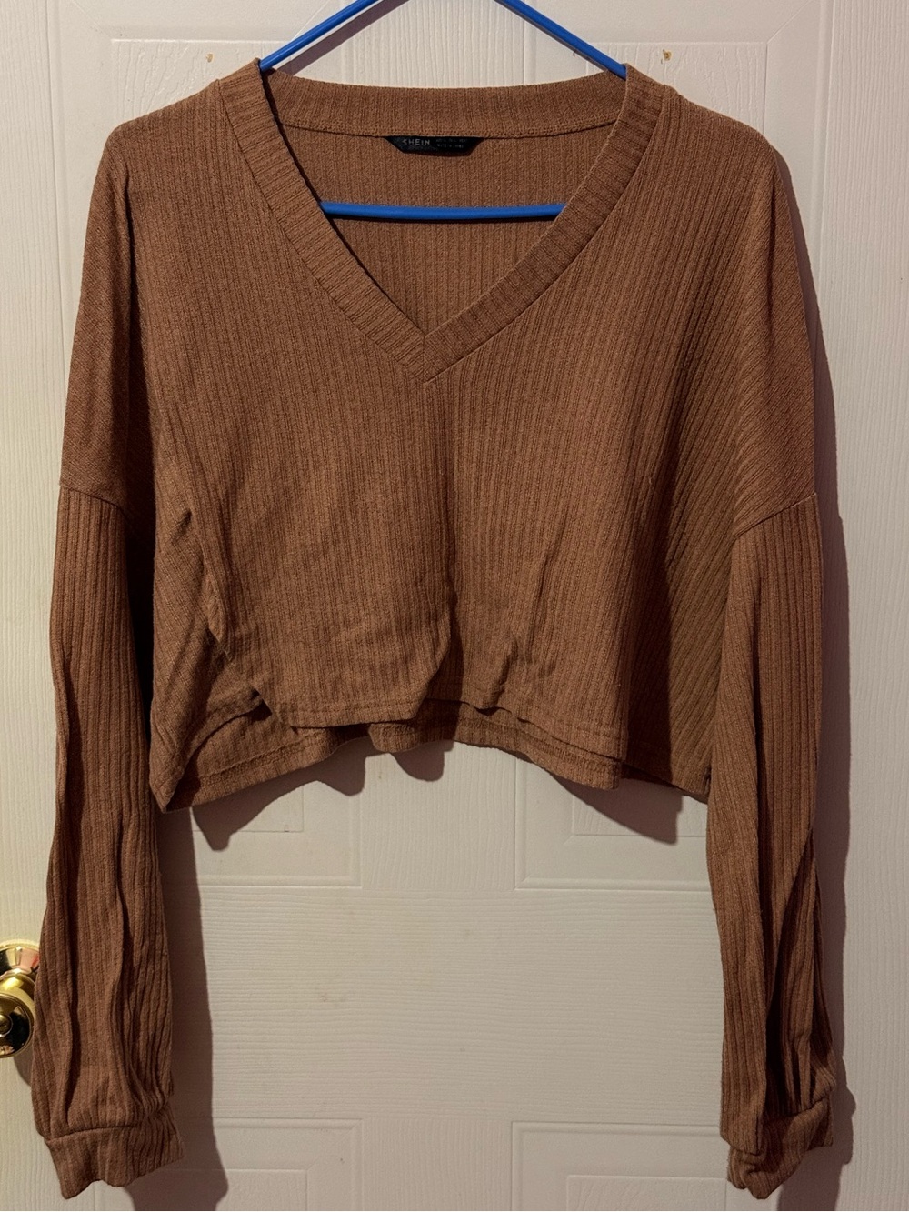 SHEIN Ribbed V-Neck Cropped Long Sleeve Top - Brown